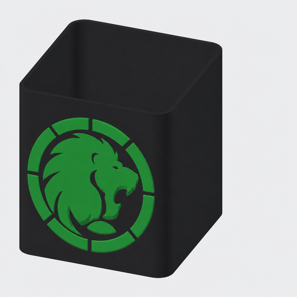 Finished Manticore desktop wastebasket with large green emblem